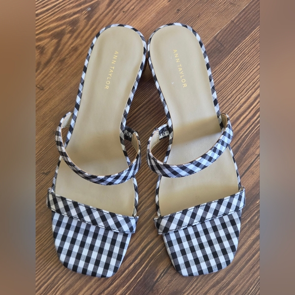 Ann Taylor Shoes - Ann Taylor Navy and White Gingham Double-Strap Slide Heels Size 6.5 Sandals Gold